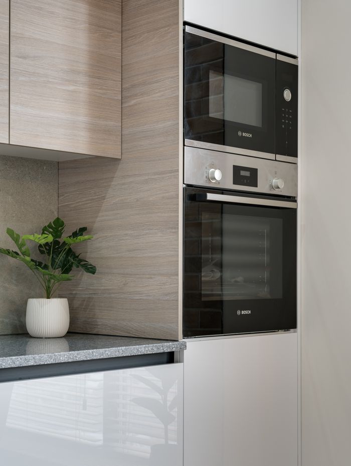 A sleek modern kitchen showcases built-in appliances with a chic plant accent on the countertop.